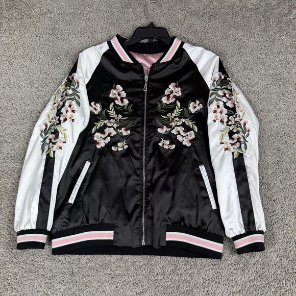 ZAFSIBLINGS Jacket Womens Small Black Pink Reversible Satin Bomber Floral - Picture 1 of 16